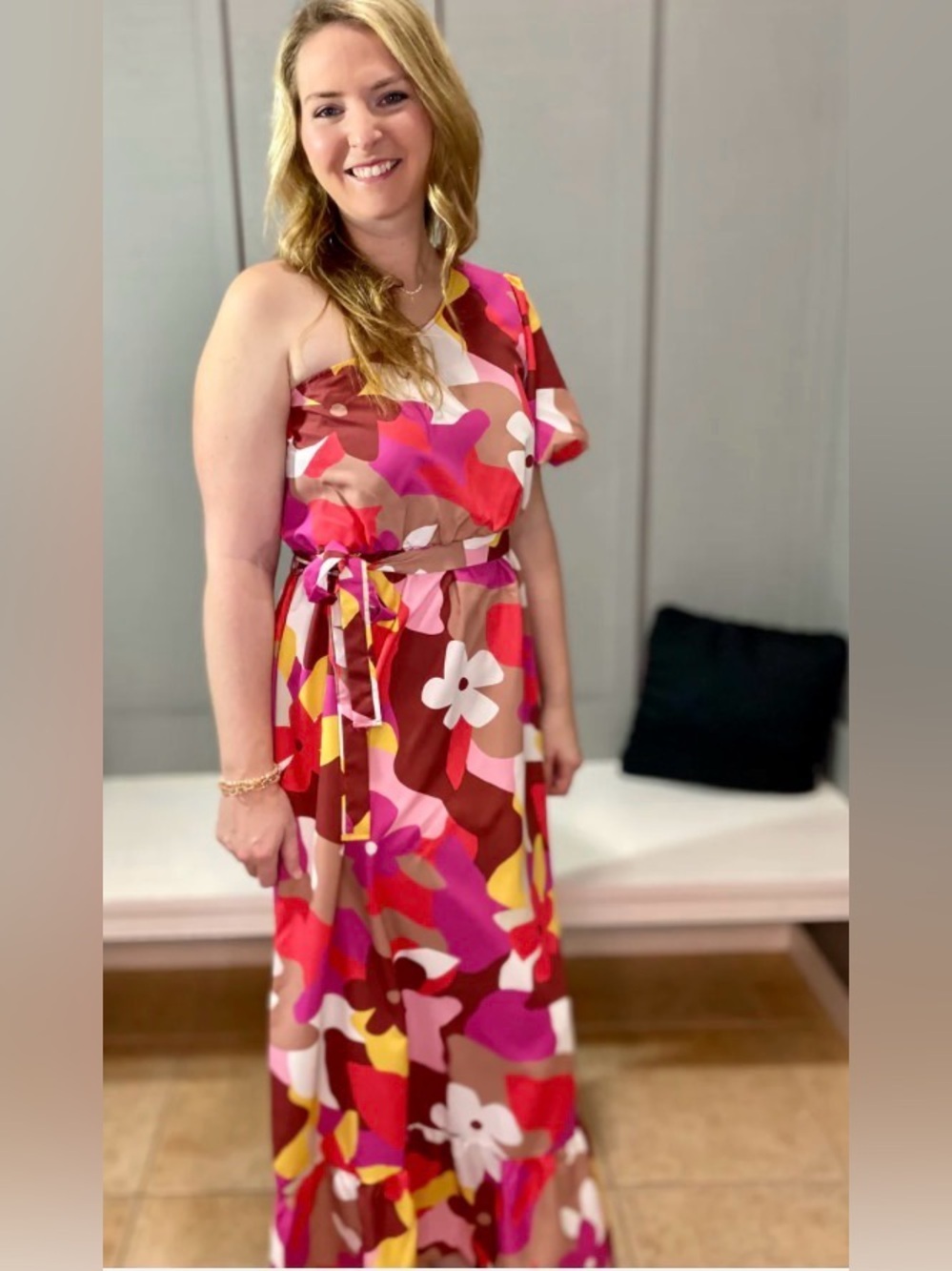 Fantastic Fawn One-Shoulder Maxi Dress in Pink, Red and Yellow Floral